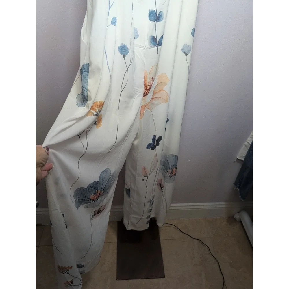Chicme Art To Wear White Floral Wide Leg  Jumpsuit‎ Women's Small